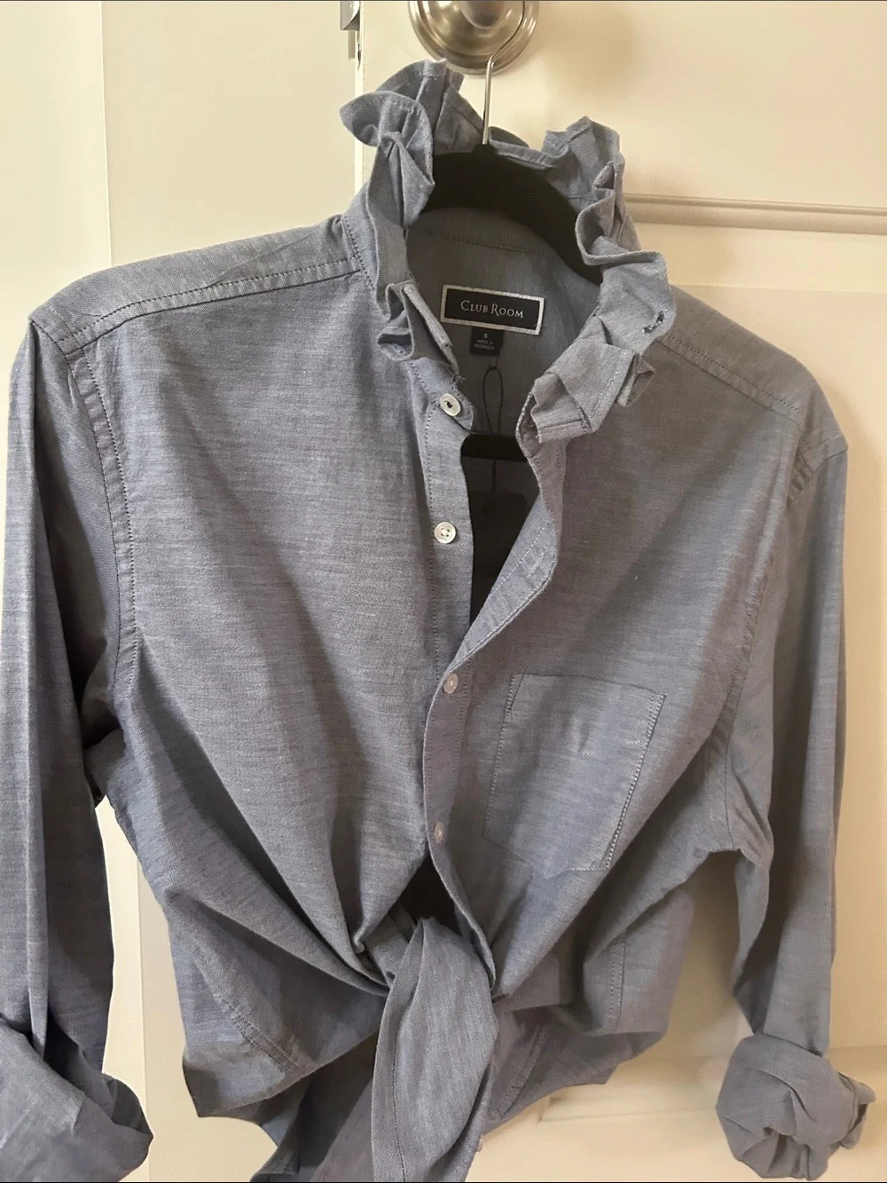 Club Room Light Blue Ruffle-Collar Button-Down Shirt recreated for a woman